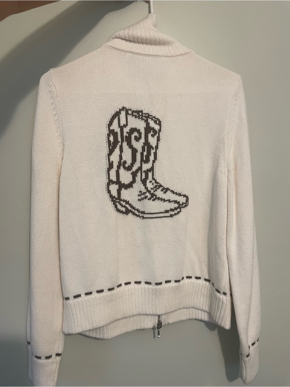 Abercrombie & Fitch Cream Western Knit Zip-Up Jacket with Brown Trim - Picture 3 of 4